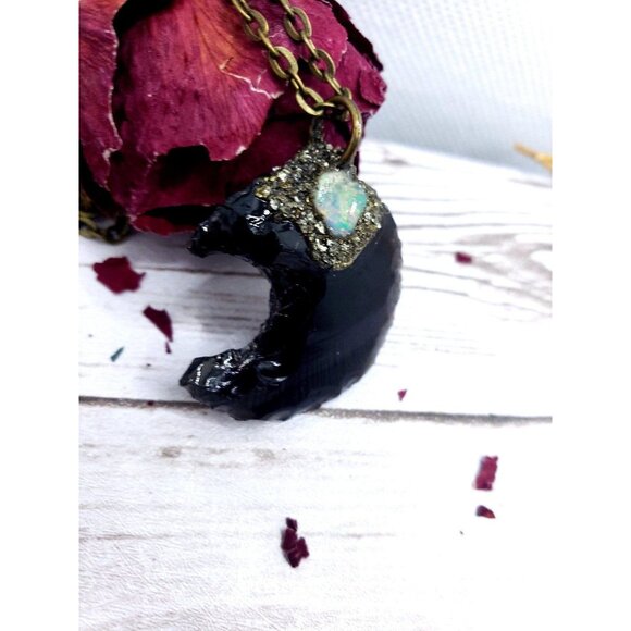 Obsidian and opal moon pyrite encrusted Necklace - Picture 9 of 10